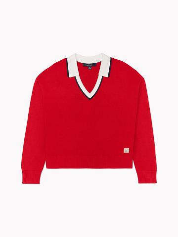 Női Tommy Hilfiger Johnny-Collar Pulóverek Piros | HU 355CTV